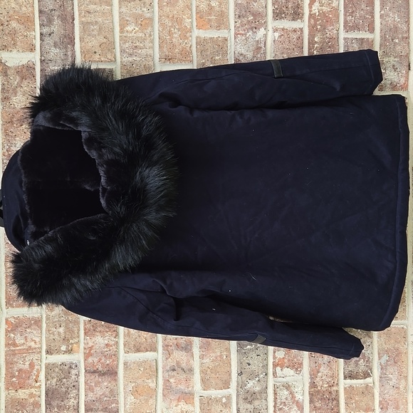 Maje Women's Black Fur-Trimmed Navy Blue Jacket Size 36 - Picture 3 of 7